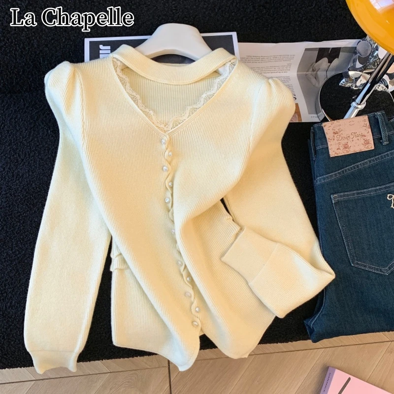 拉夏贝尔温柔风蕾丝假两件针织衫女秋冬新款修身百搭漂亮掐腰上衣