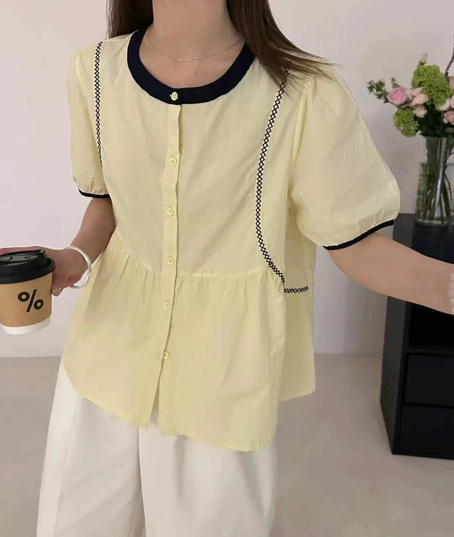 夏季新款法式泡泡袖短袖衬衫女宽松娃娃衫独特设计感上衣