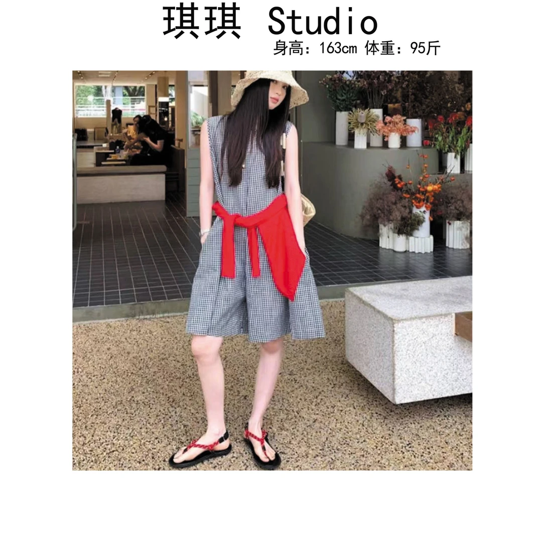 《琪琪家》夏季新款潮流气质时尚宽松显瘦减龄格子连体裤5076-CS