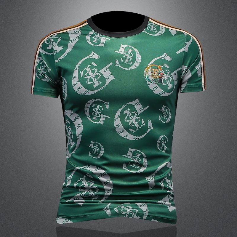 DRNL夏季新款丝光棉半袖男潮流印花短袖T恤欧洲站烫钻体恤花纹