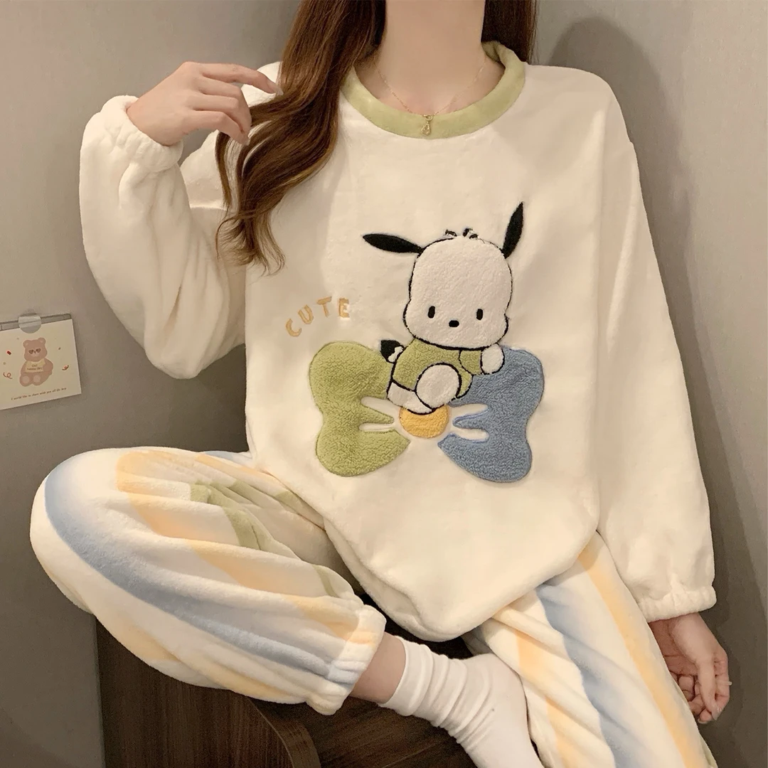 睡衣女秋冬季法兰绒加厚加绒保暖珊瑚绒卡通少女两件套学生家居服