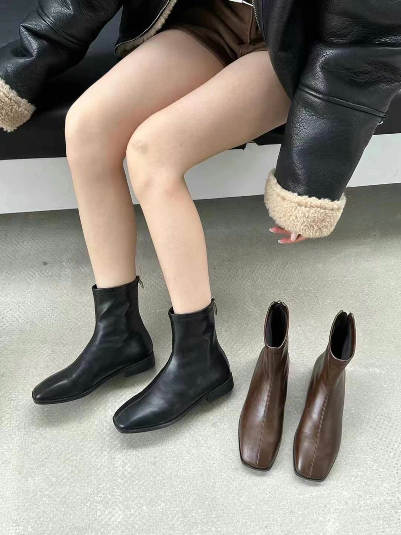 短筒后拉链方头马丁靴气质秋冬粗跟瘦瘦靴英伦风时装靴女士