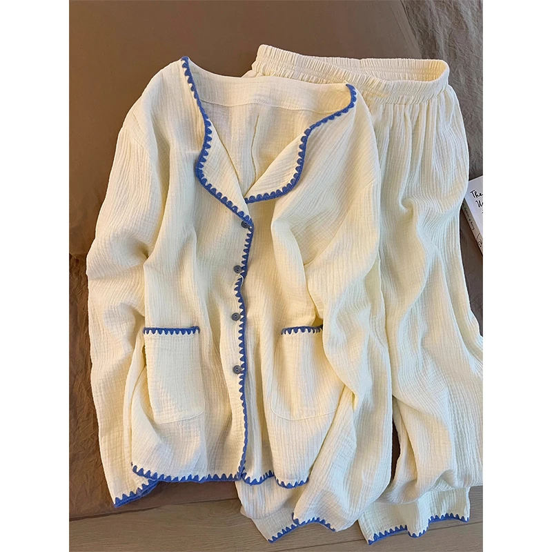 ins简约撞色花边开衫睡衣女春秋季长袖长裤宽松显瘦家居服可外穿