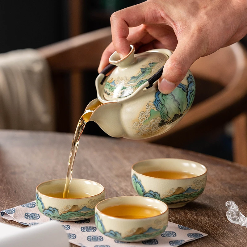 陶瓷高端旅行茶具伴手礼泡茶宋瞻千里江山手抓快客杯礼盒装5998