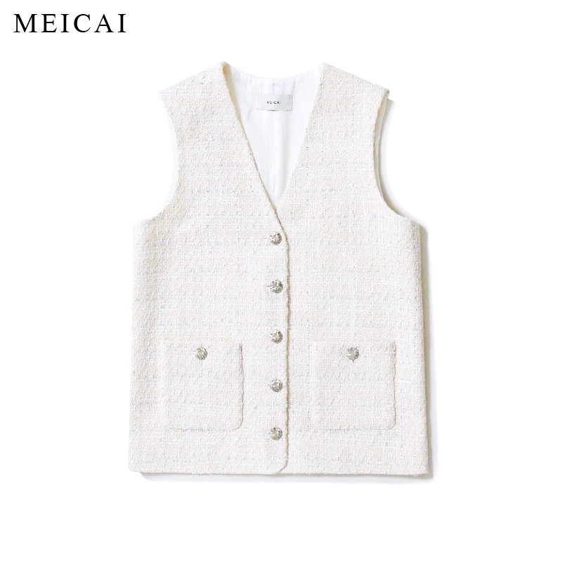 美裁 春新款限定 小香风奶白银丝气质廓形粗花呢V领马甲