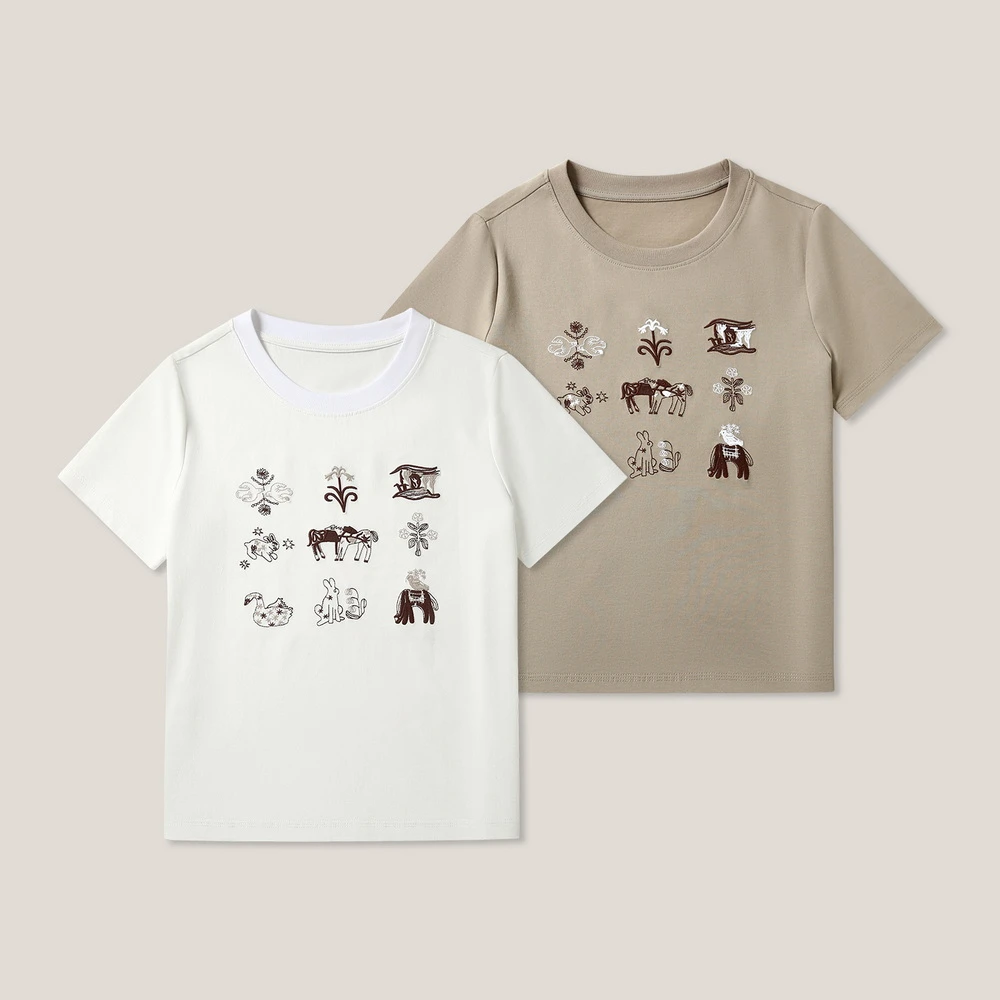 时尚百搭短袖T恤 圆领花朵动物刺绣上衣MD26170