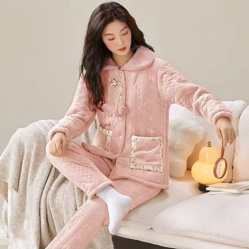 【K128】海岛绒绗绣精品翻领贵妇款三层夹棉加厚长袖长裤