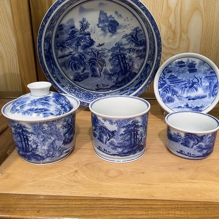李***金青花春山图5件套茶具