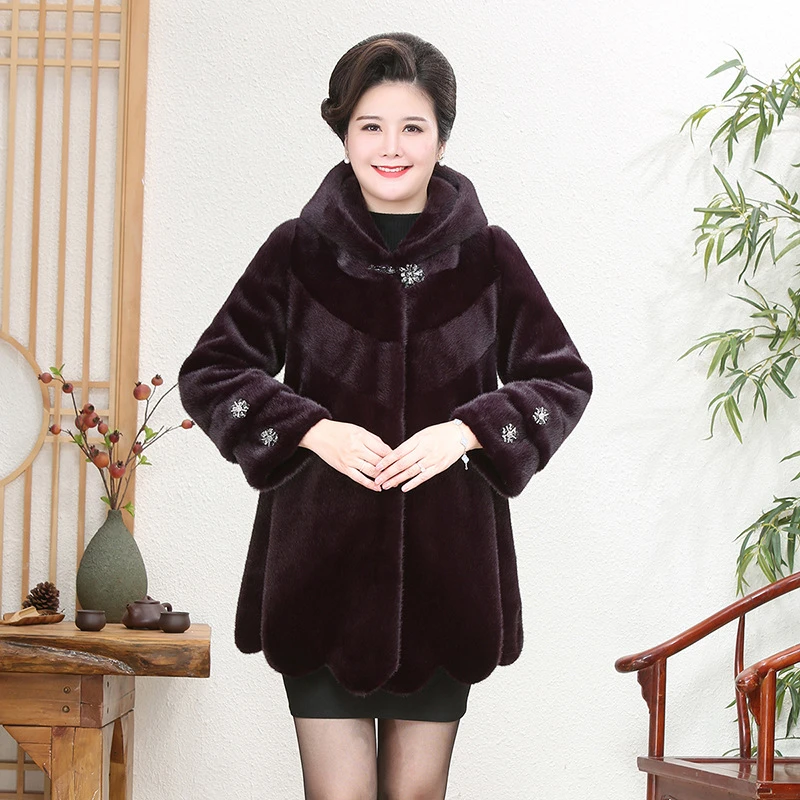 中年妈妈秋冬装洋气仿皮草连帽毛呢外套中老年女装仿水貂绒大衣时