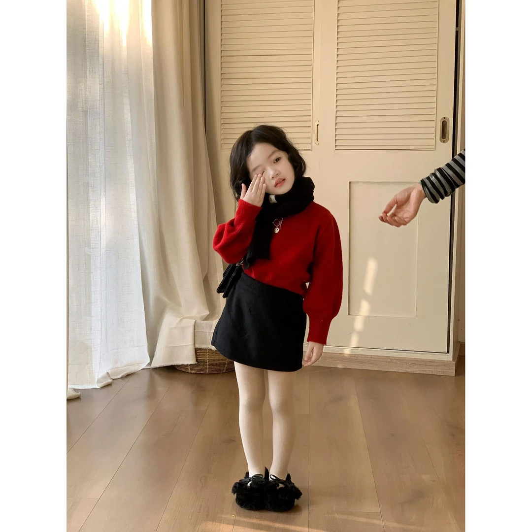 小粉象 ·冬季新款女童复古针织衫灯笼袖毛衣保暖毛呢半身裙套装