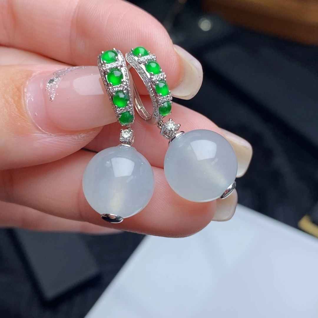 翡翠18K金镶嵌耳饰冰珠珠（卡12.6mm）