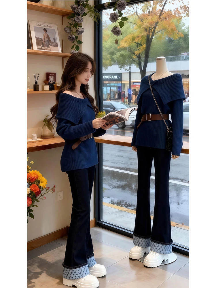 冬季温柔风一字肩翻领慵懒风中长款针织毛衣2025秋冬新款上衣女装