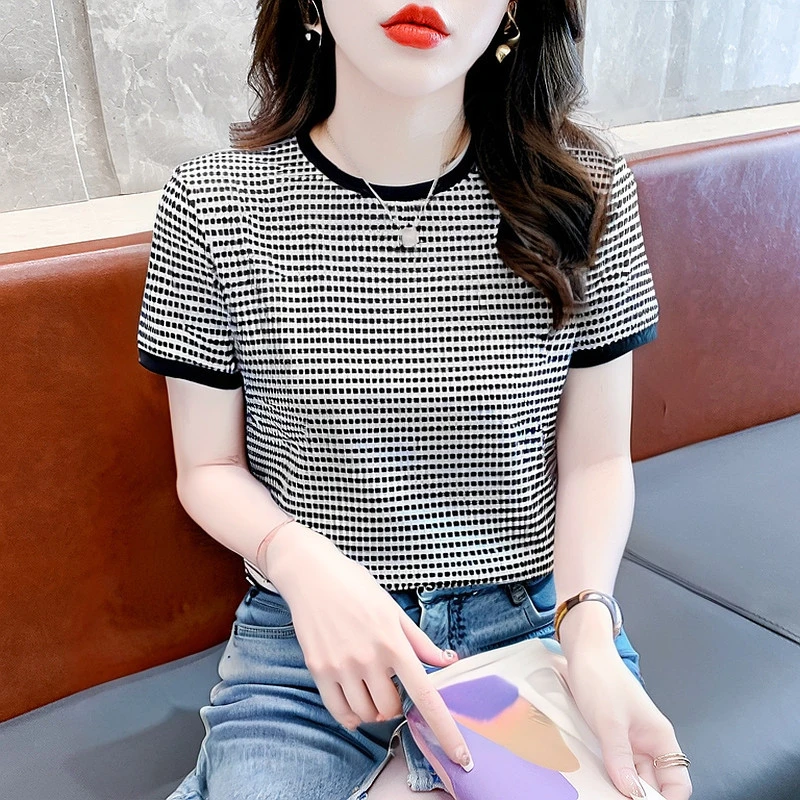 时尚波点印花棉质短袖t恤女装2025新款夏季设计感撞色圆领上衣ins