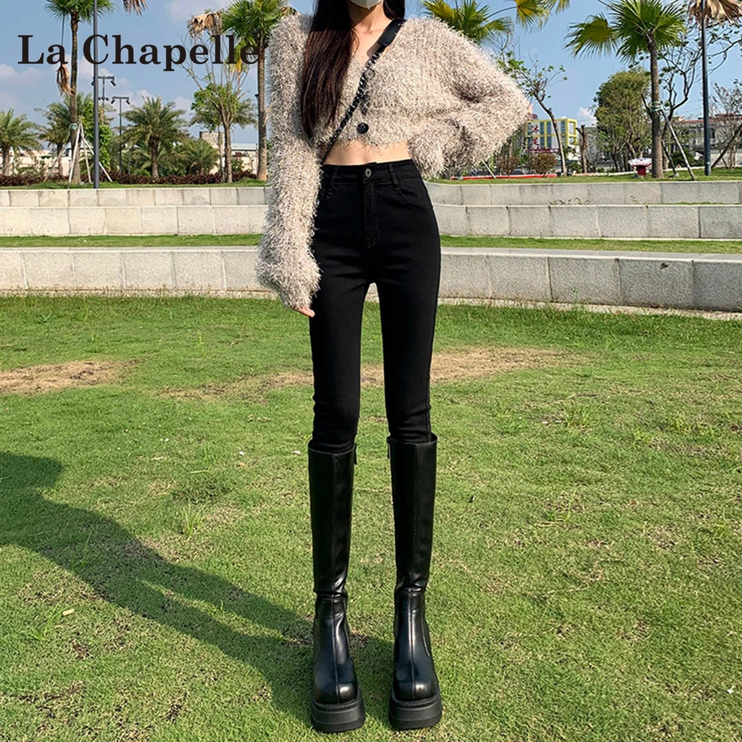 拉夏贝尔黑色高腰小脚牛仔裤女新款2025秋冬加绒弹力紧身铅笔裤子