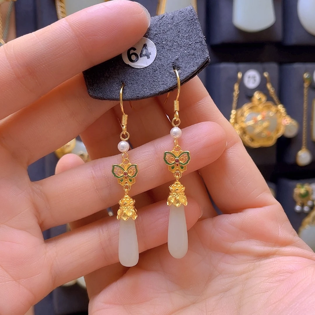 和田玉银S925镀金镶嵌耳饰