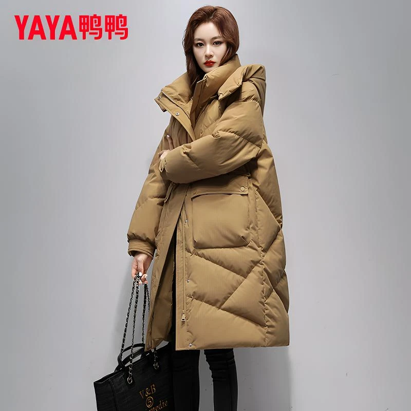 YAYA/鸭鸭羽绒服女冬季2024年连帽长款羽绒服时尚加厚保暖外套女