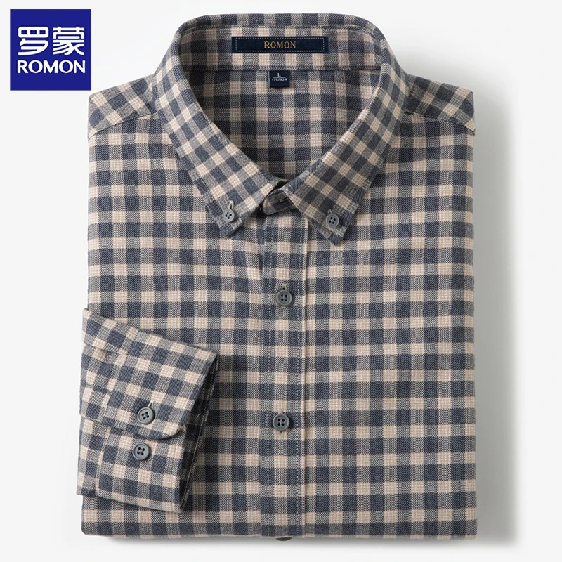 罗蒙春秋100%纯棉男士长袖衬衫商务休闲百搭磨毛灰格衬衣抗皱免烫