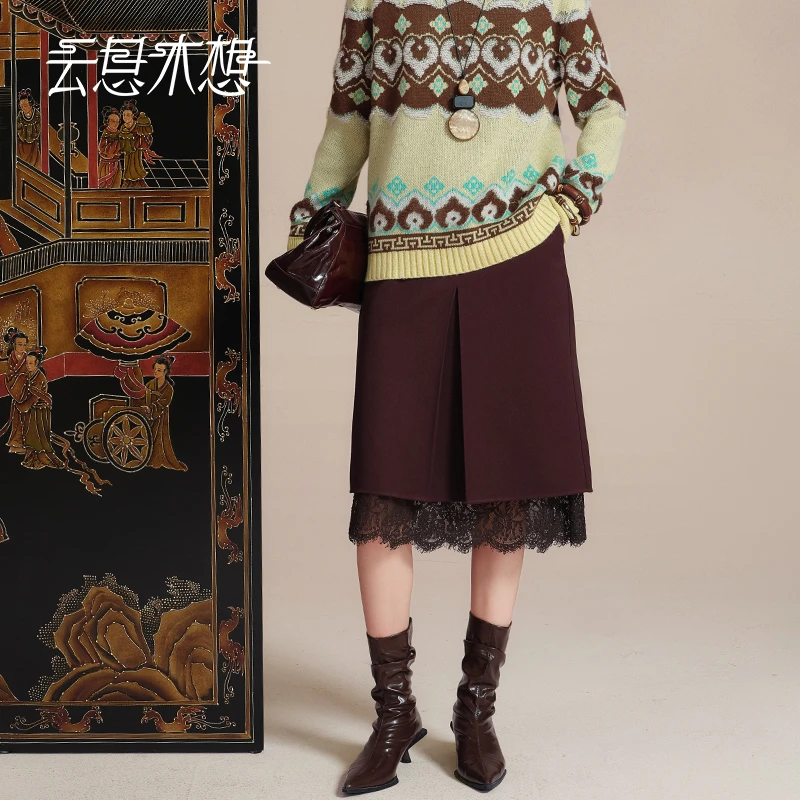 Ysimo-X云思木想 烟蕊索香 拼接蕾丝假衩褶裥拉链优雅半身裙13780