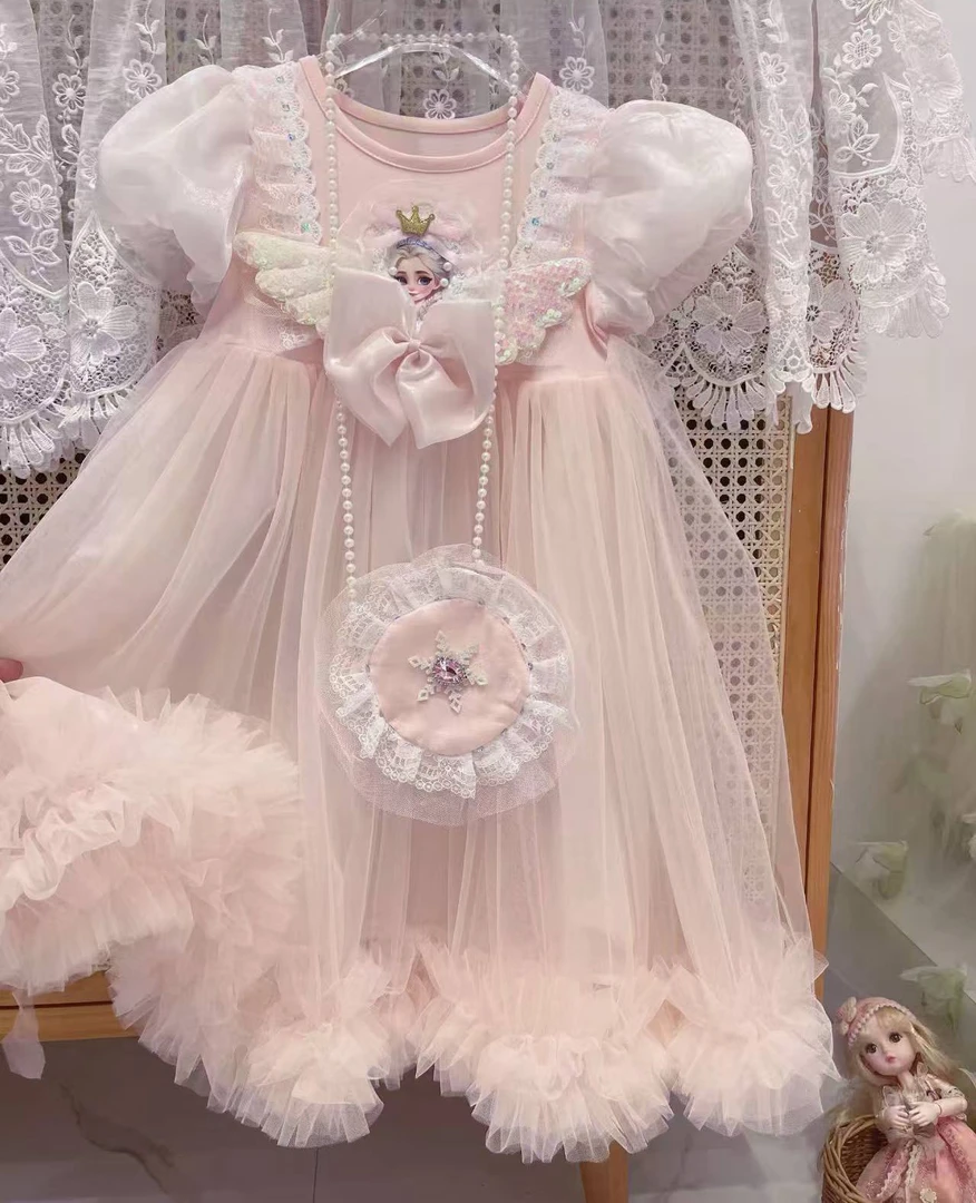 女宝宝夏季短袖艾莎公主网纱连衣裙冰雪奇缘风格