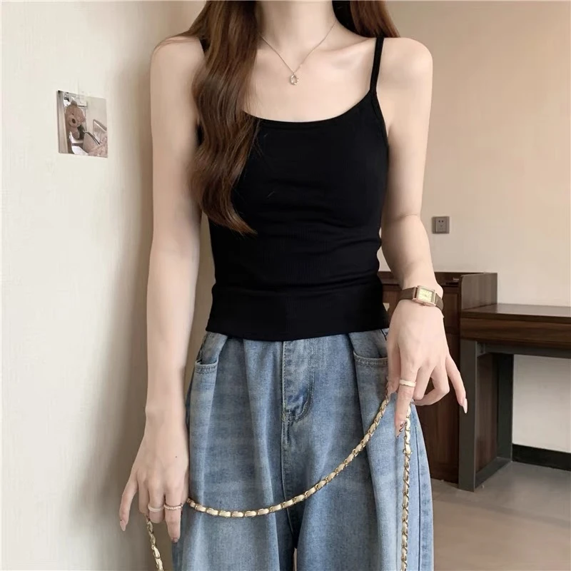吊带背心女春夏内搭2025新款无胸垫百搭外穿法式打底修身黑色短袖