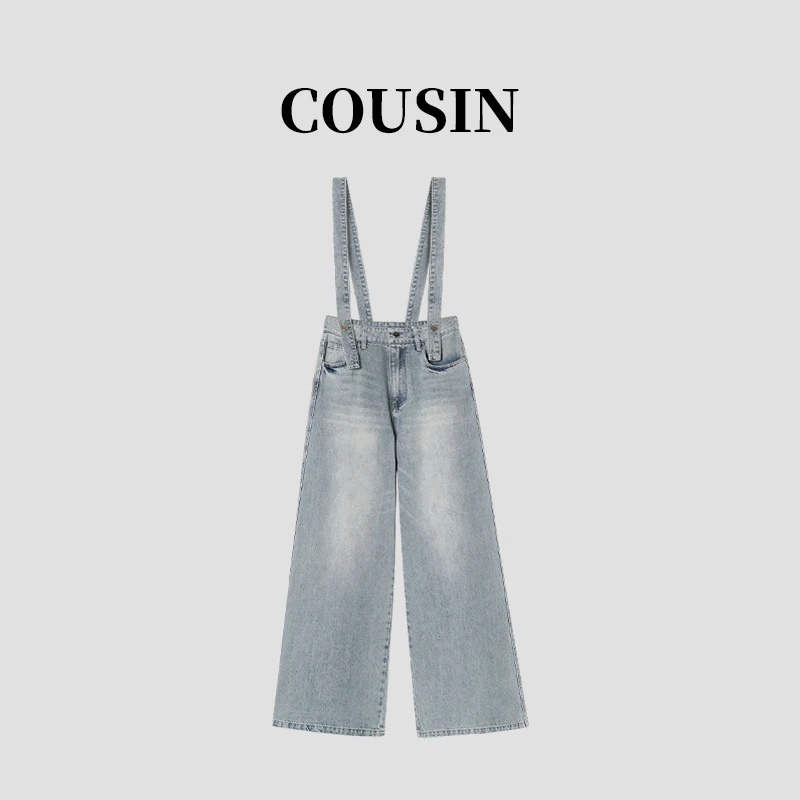 D.cousin 美式复古背带裤女2025新款时尚阔腿牛仔裤 2081