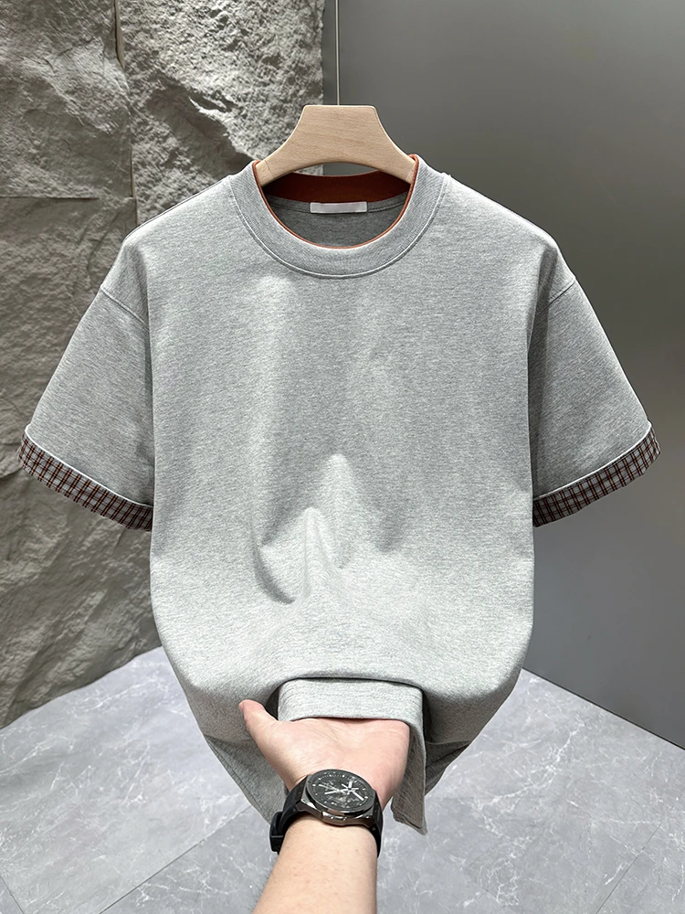 美式复古格子翻边设计短袖T恤男夏季潮牌情侣百搭纯色圆领上衣男