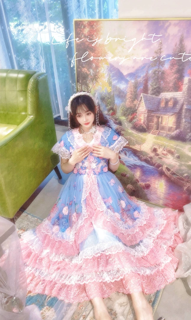 14油画公主风夏季可爱兔连衣裙甜美高腰显瘦蛋糕蓬蓬长裙裙子