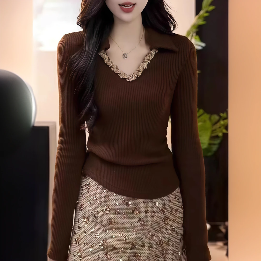 小香风洋气撞色豹纹翻领撞色毛衣女秋冬新款显瘦针织衫上衣气质潮