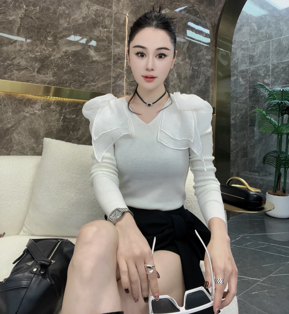 2025新款V领荷叶边长袖百搭显瘦针织上衣80078#