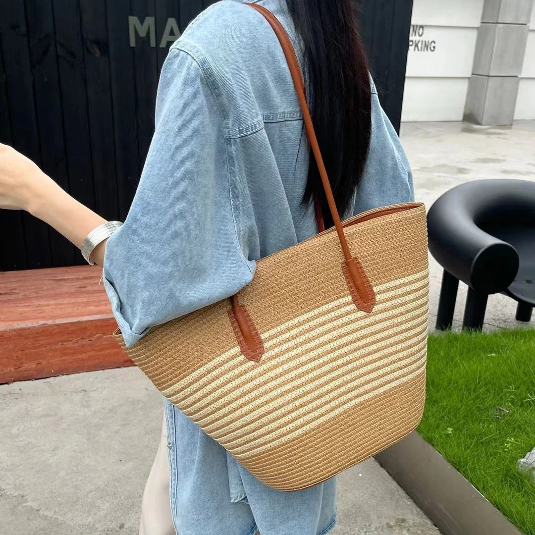 丝辰法式条纹托底大容量托特包简约条纹沙滩海边通勤包复古草编