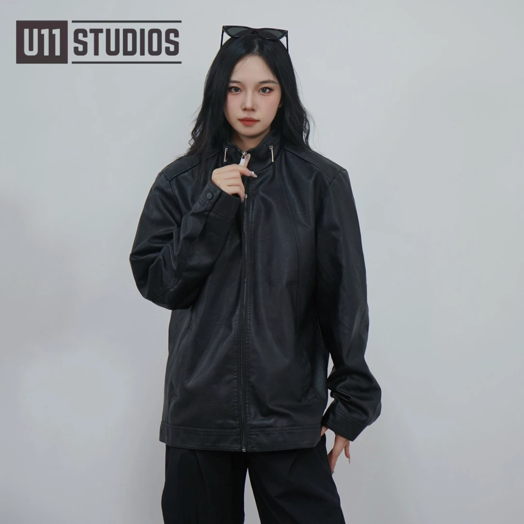 U11studios大码机车风美式复古秋季防风立领直下摆常规耐磨皮衣