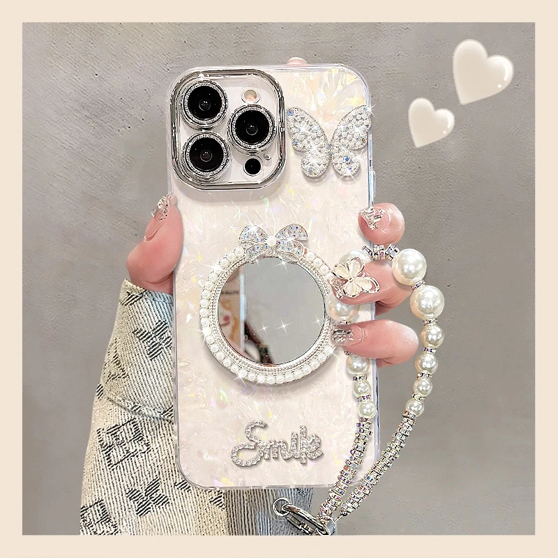 适用于精孔贝壳纹珍珠蝴蝶镜子壳iPhone华为/vivo/小米/手机壳