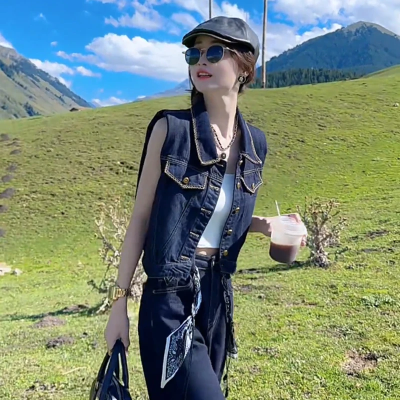 港味复古牛仔马甲女时髦洋气百搭叠穿小个子无袖坎肩上衣外套秋季