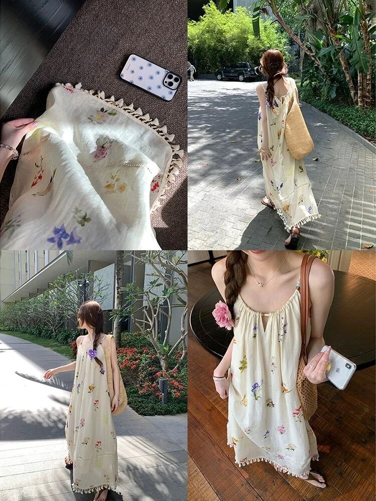 8725 仲夏晚风 ’苎麻贝壳流苏海边度假风连衣裙宽松珠串吊带长裙