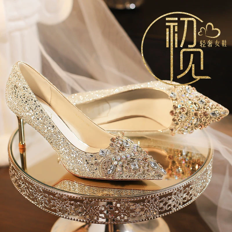 亮片水晶鞋女法式主纱不累脚新娘鞋水钻浅口细跟百搭高跟鞋伴娘鞋