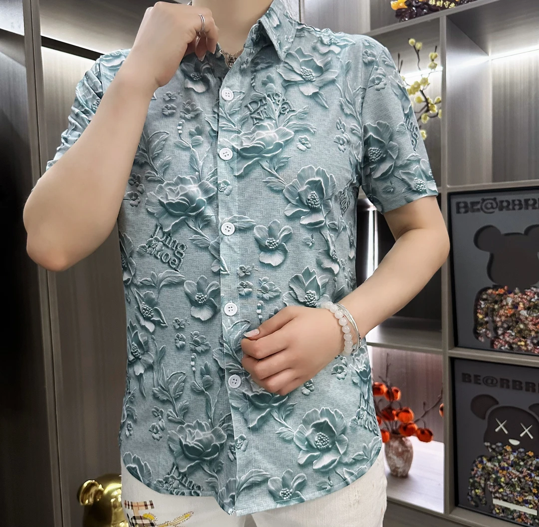 2025潮流男士短袖修身夏日常百搭轻奢个性高级感立体花色衬衣F659