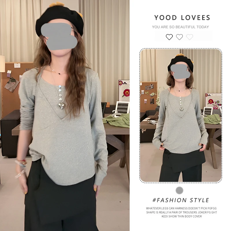 美式吊带圆领长袖T恤女2025新款春秋纯欲风挂脖背心叠穿两件套