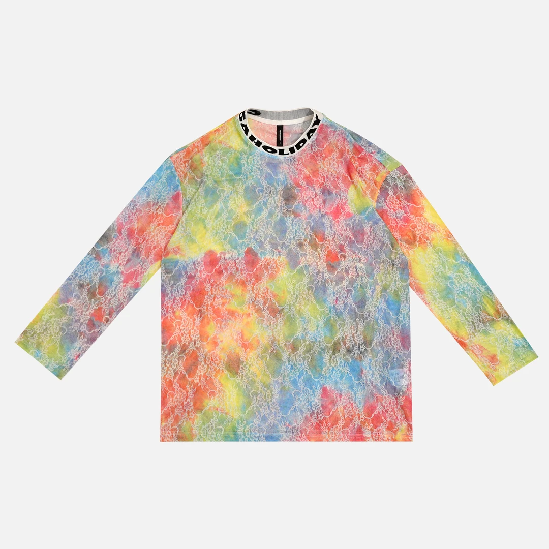 GGAHOLIDAY 时尚百搭宽松复古多巴胺扎染蕾丝拼接长袖T恤-152618