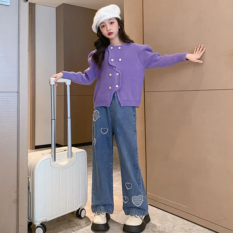 女童装紫色春秋新款洋气儿童时髦韩版套装中大童双排扣女童两件套