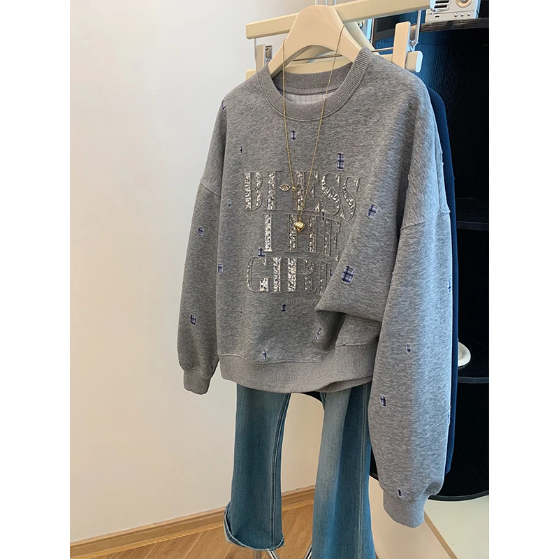 灰色圆领套头重工刺绣亮片字母时尚卫衣女秋季薄款休闲上衣设计感