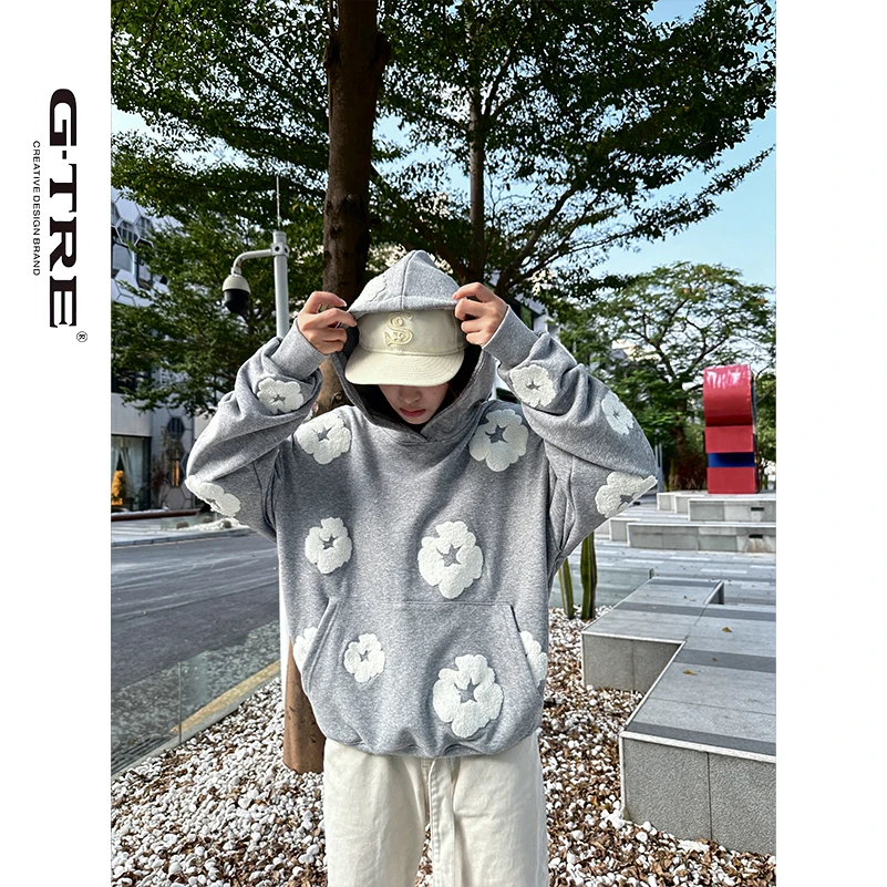 G-TRE Fall24‘花苒’毛巾绣重磅纯棉Boxy短款cleanfit连帽卫衣