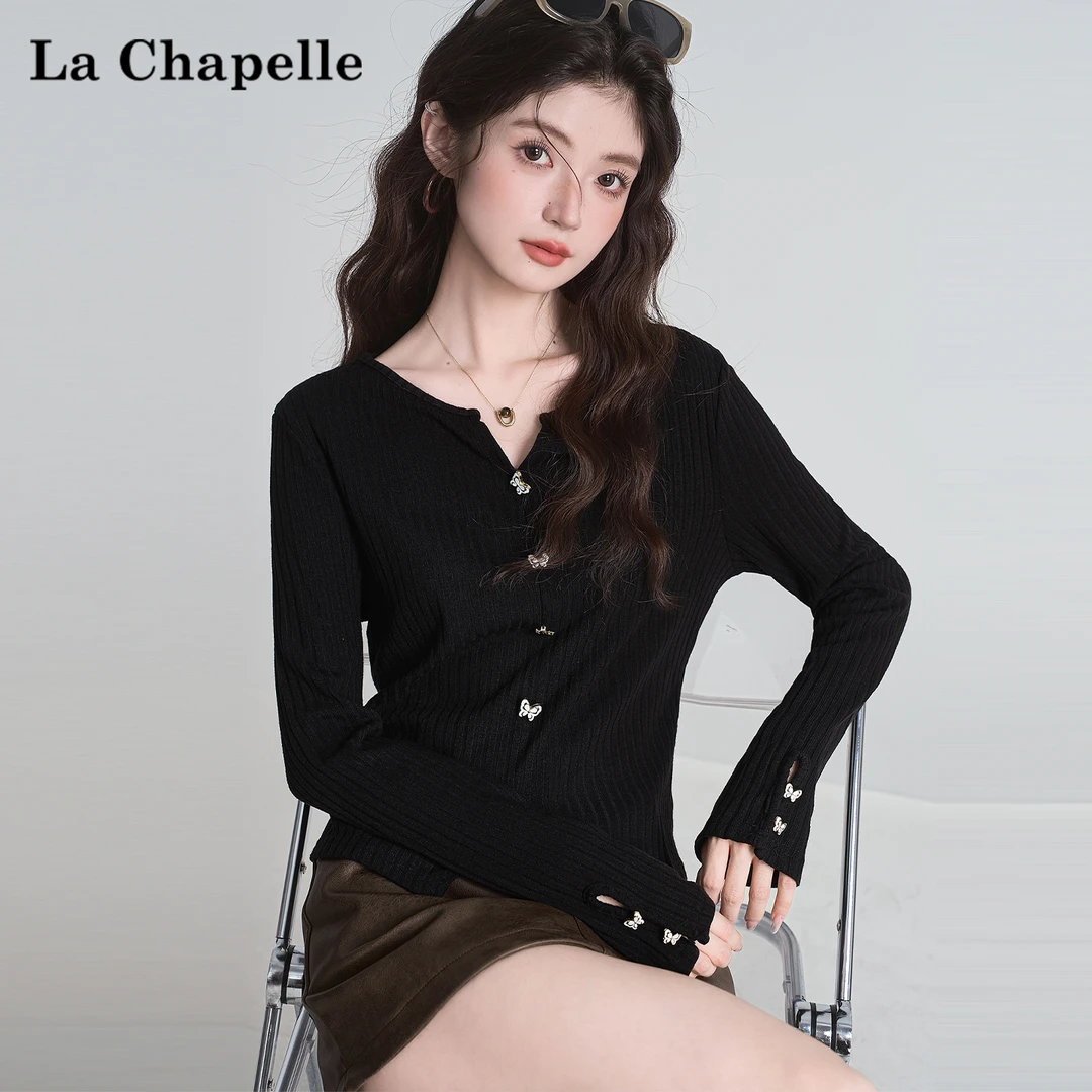 拉夏贝尔黑色V领长袖T恤女2025秋季新款不规则设计感显瘦短款上衣