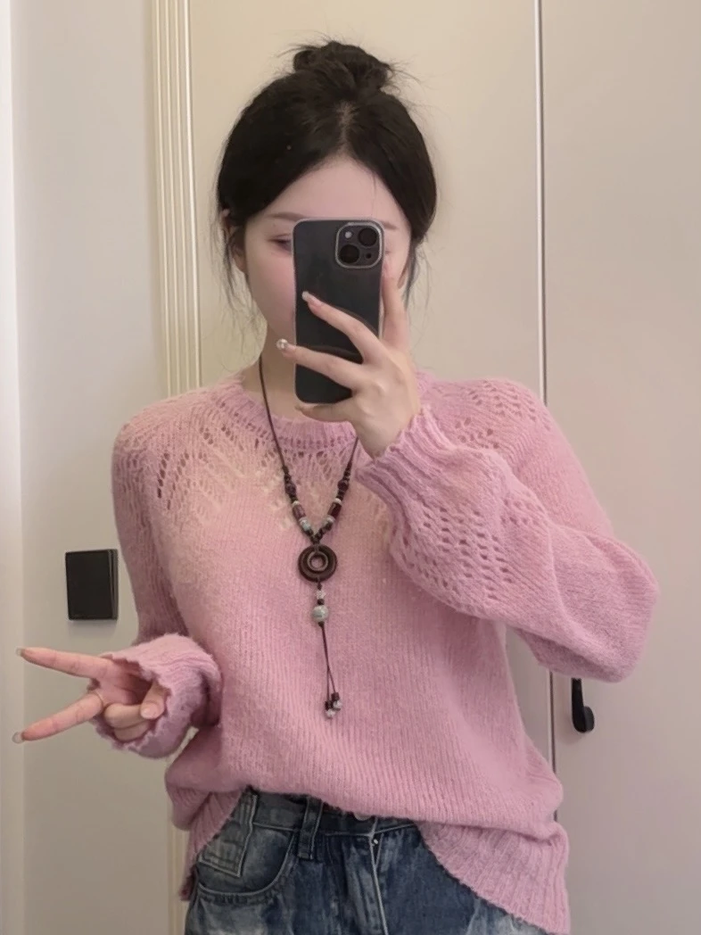 【现货】春季镂空针织衫套头镂空马海羊毛冰丝时尚洋气上衣女