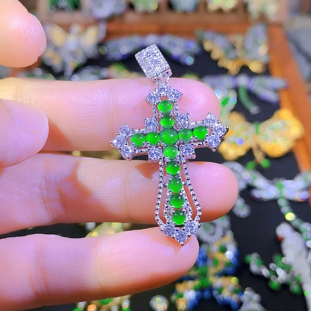 吊坠(不含链)银S925镀金镶嵌翡翠