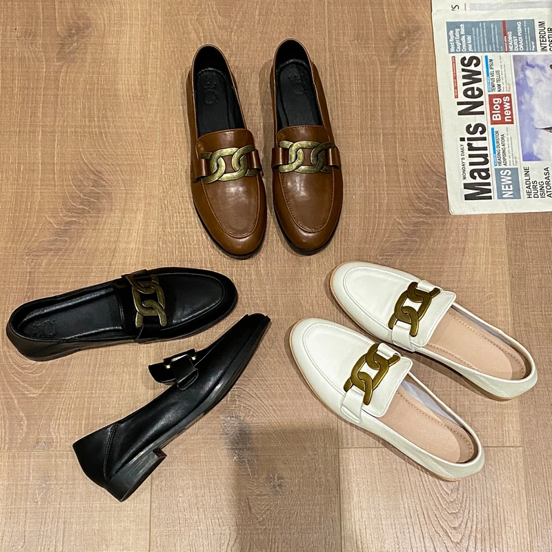 真皮乐福鞋女平底复古春秋季新款英伦软底小皮鞋中跟百搭粗跟单鞋