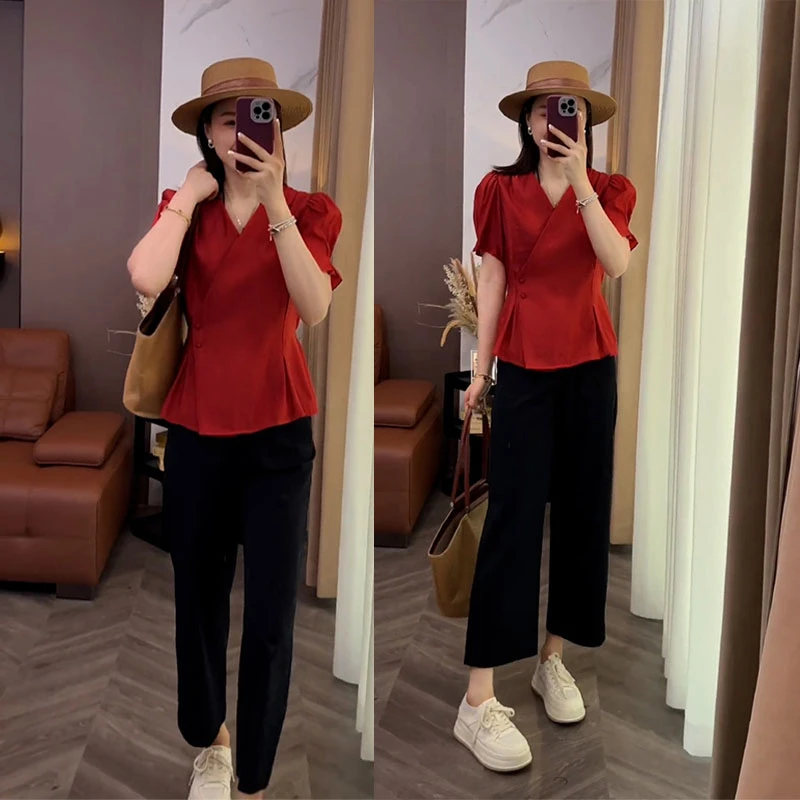 独特漂亮两件套时尚通勤气质V领衬衫休闲裤高级感小众夏季两件套