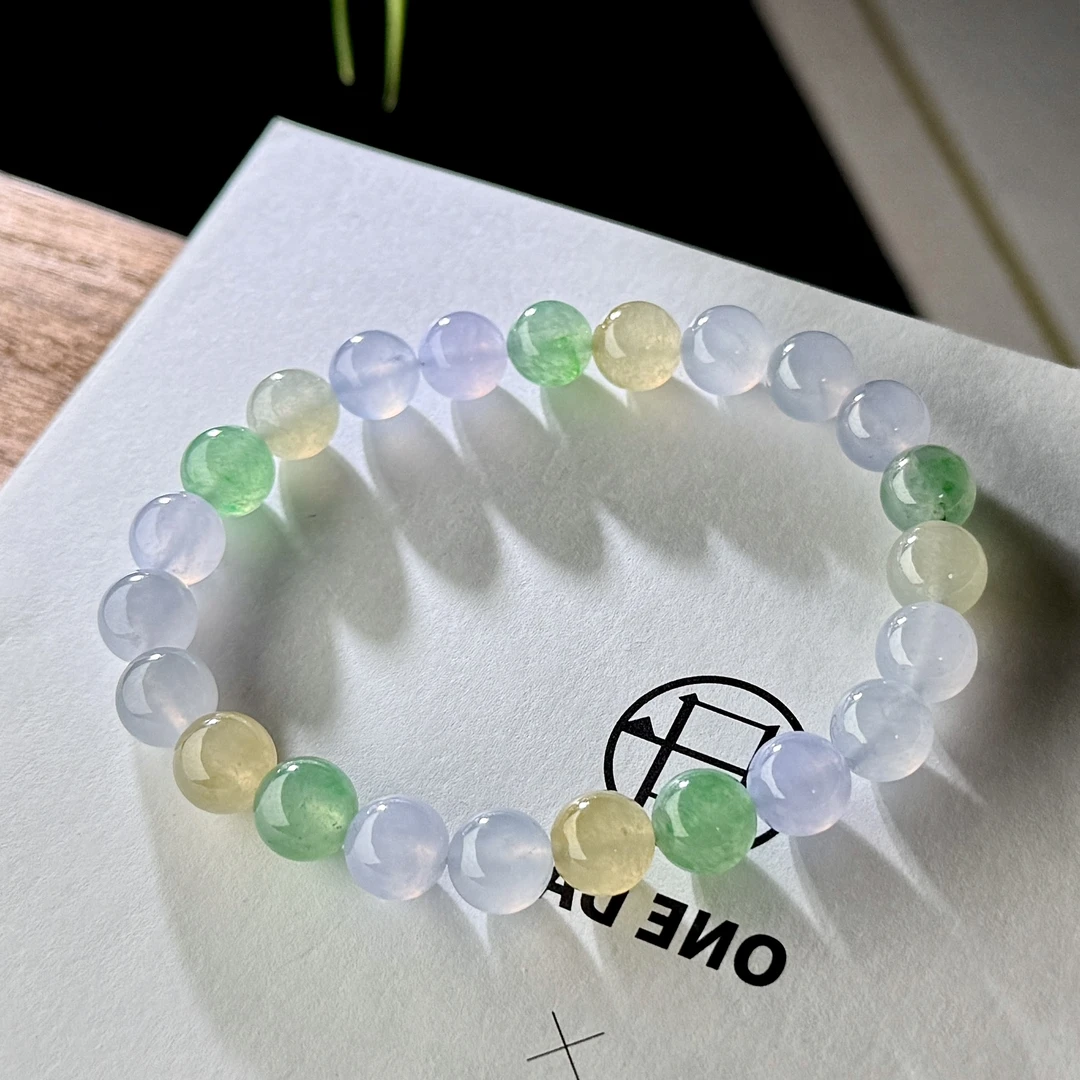 冰三彩糖果手串四会翡翠百搭时尚轻奢女款彩色单圈小清新少女玉石