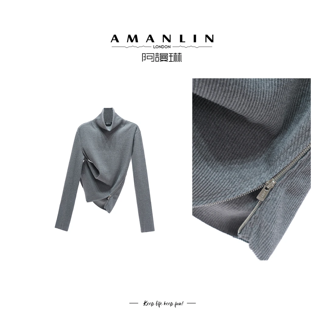 AMANLIN/阿谩琳秋季欧若风百搭小众针织高领显瘦上衣休闲F593801