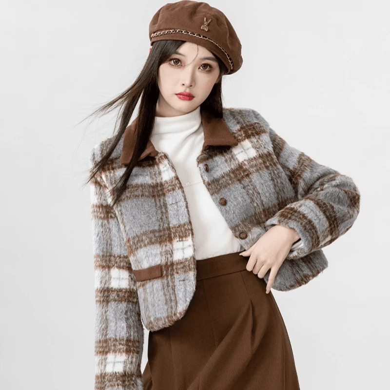 时尚小个子女装秋冬款小香风格子毛呢外套女韩版呢子短外套上衣