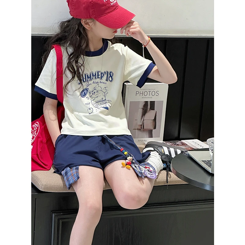 K28434拼色女童短袖T恤夏装儿童上衣2025新款大童休闲修身衣服潮t